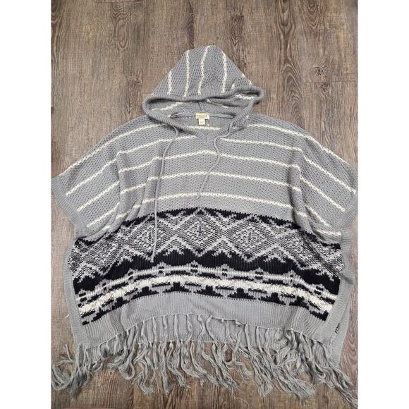 One World New Wave Black Gray Ivory Hooded Poncho Fringe Sweater XL - Picture 1 of 5